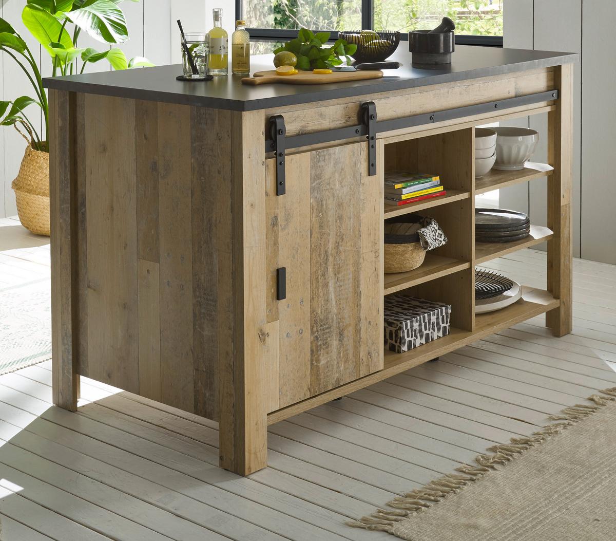KÜCHENINSEL Used Wood, anthrazit 162 cm, Kochinsel mit Soft-Close - Anthrazit/Schwarz, Holzwerkstoff/Metall (162/93/77cm) - Furn.Design