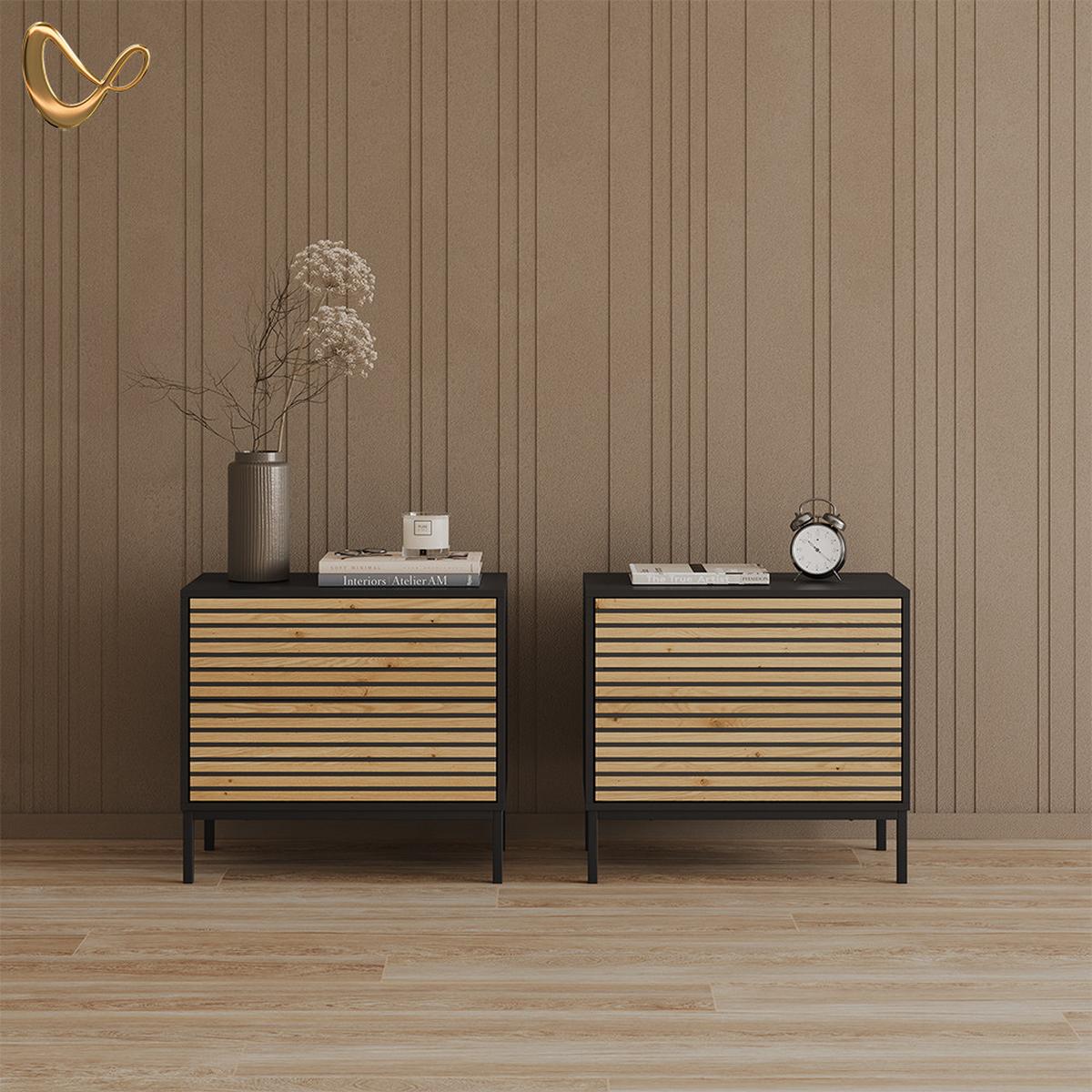 NACHTTISCH Aterno Goldkraft Eiche/Anthrazit 2er set - Honigeiche/Anthrazit, Holzwerkstoff (66/60/36cm) - Livinity®