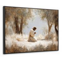 LEINWAND Bilder mit Rahmen - Jesus - Kniend - Waldlandschaft - Betend - 70x50 - Beige, Textil (70/50cm) - MuchoWow