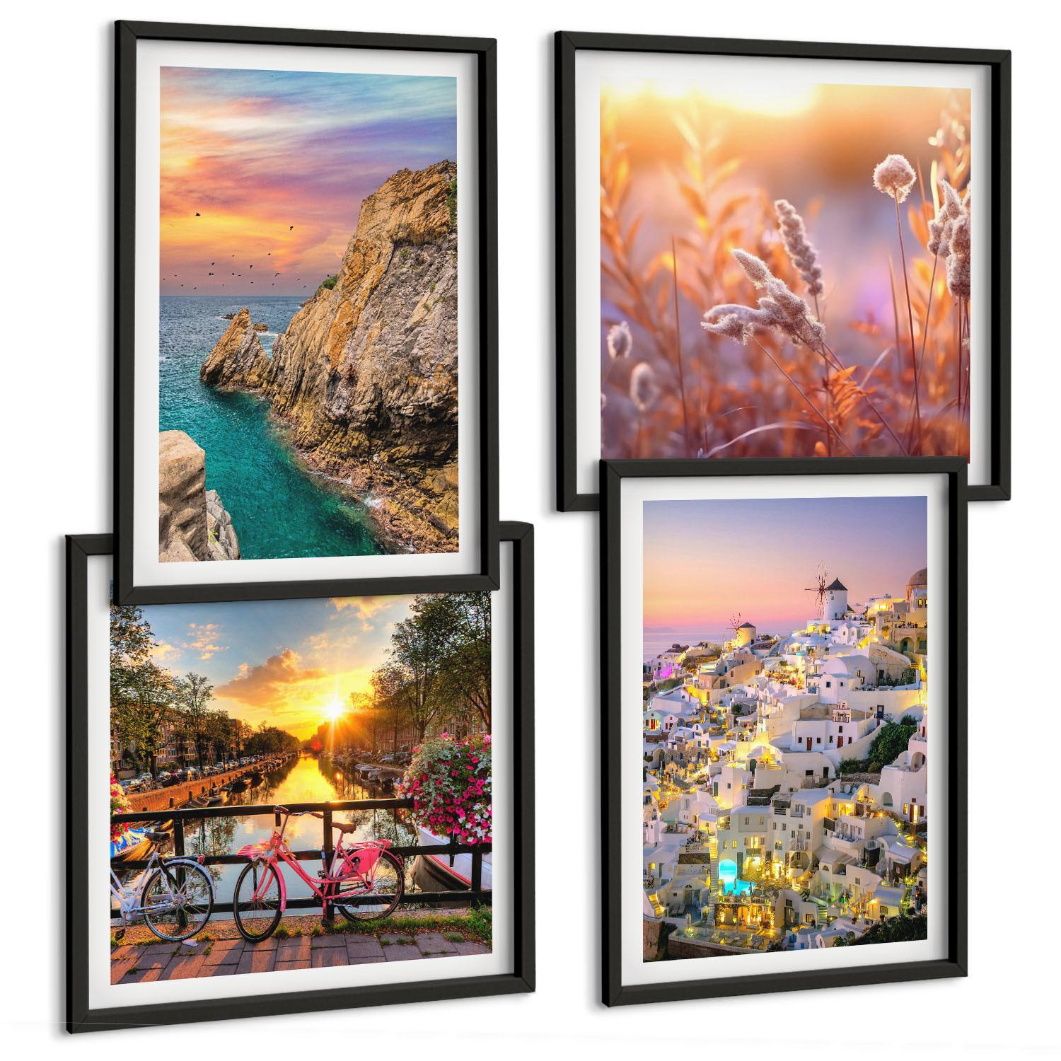 BILDER SET 4er Set - 50x50 cm & 40x60 cm Schwarzer Rahmen - Sonnenuntergänge am Meer - Schwarz, Kunststoff (50/50cm) - TULUP