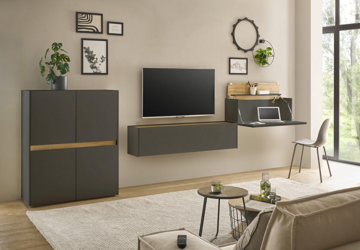 WOHNWAND 3-teilig grau matt, Eiche Wotan 370 cm, Schrankwand mit Sekretär - Eiche Wotan/Grau, Holzwerkstoff/Kunststoff (370/122/40cm) - Furn.Design
