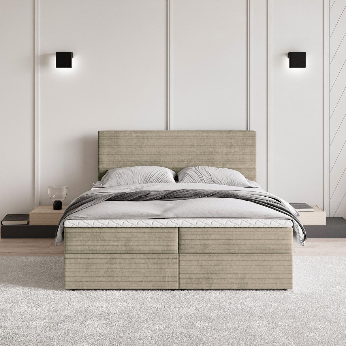 BOXBETT NIRA 180x200 cm mit Matratze und Topper - Beige - Beige, Holz (180/200cm) - MASSENO