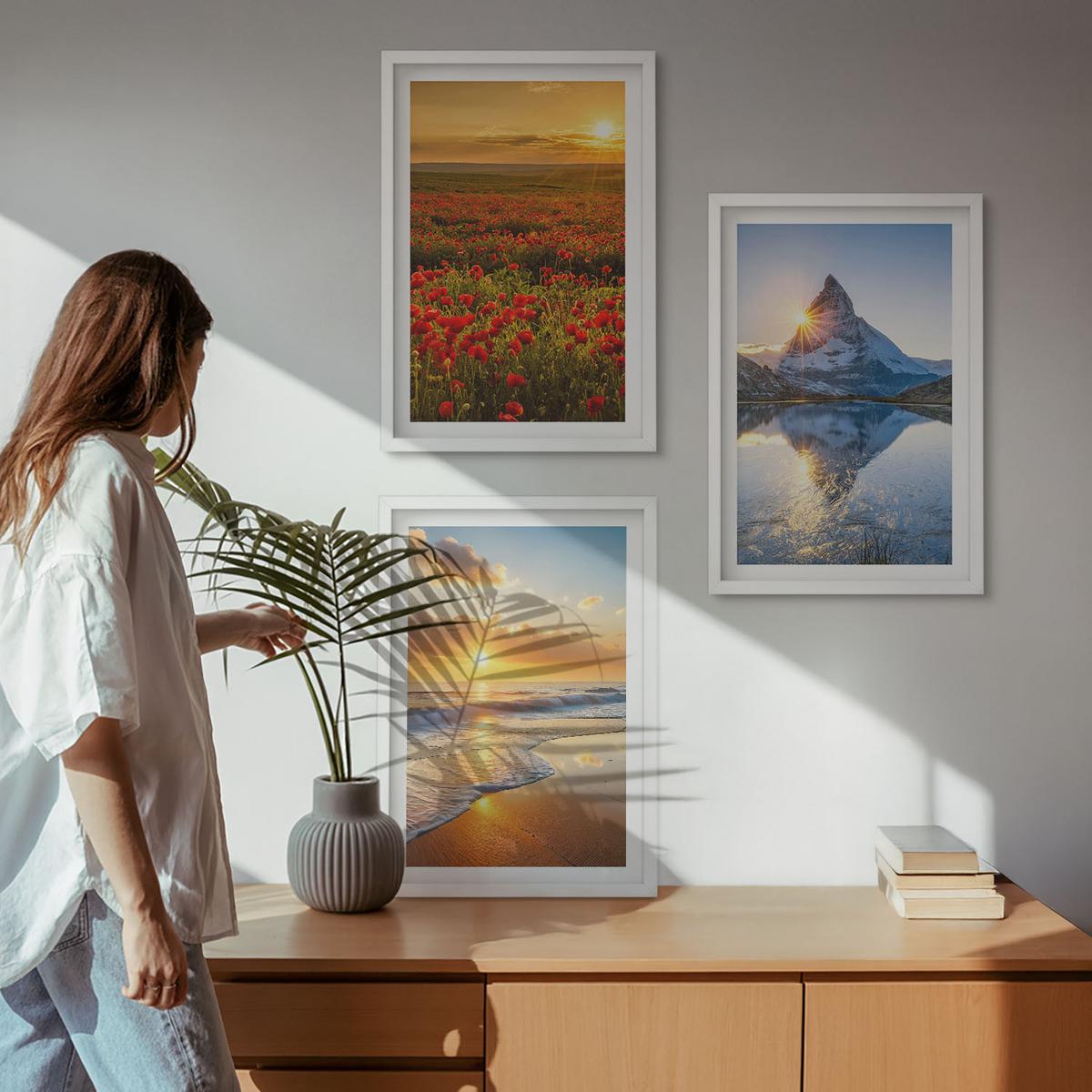 BILDER SET 3er Set - 40x60 cm Weißer Rahmen - Landschaften aus Bergen und Meeren im Westen - Weiß, Kunststoff (40/60cm) - TULUP