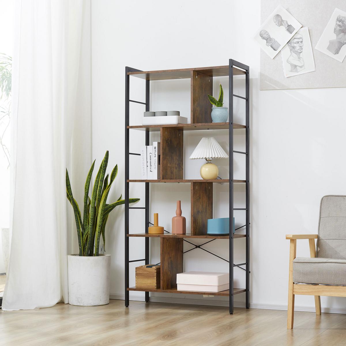 BÜCHERREGAL Spanplatte Metall Rustikal-Braun - Schwarz/Braun, Holzwerkstoff/Metall (30/157.5/77cm) - HOMCOM
