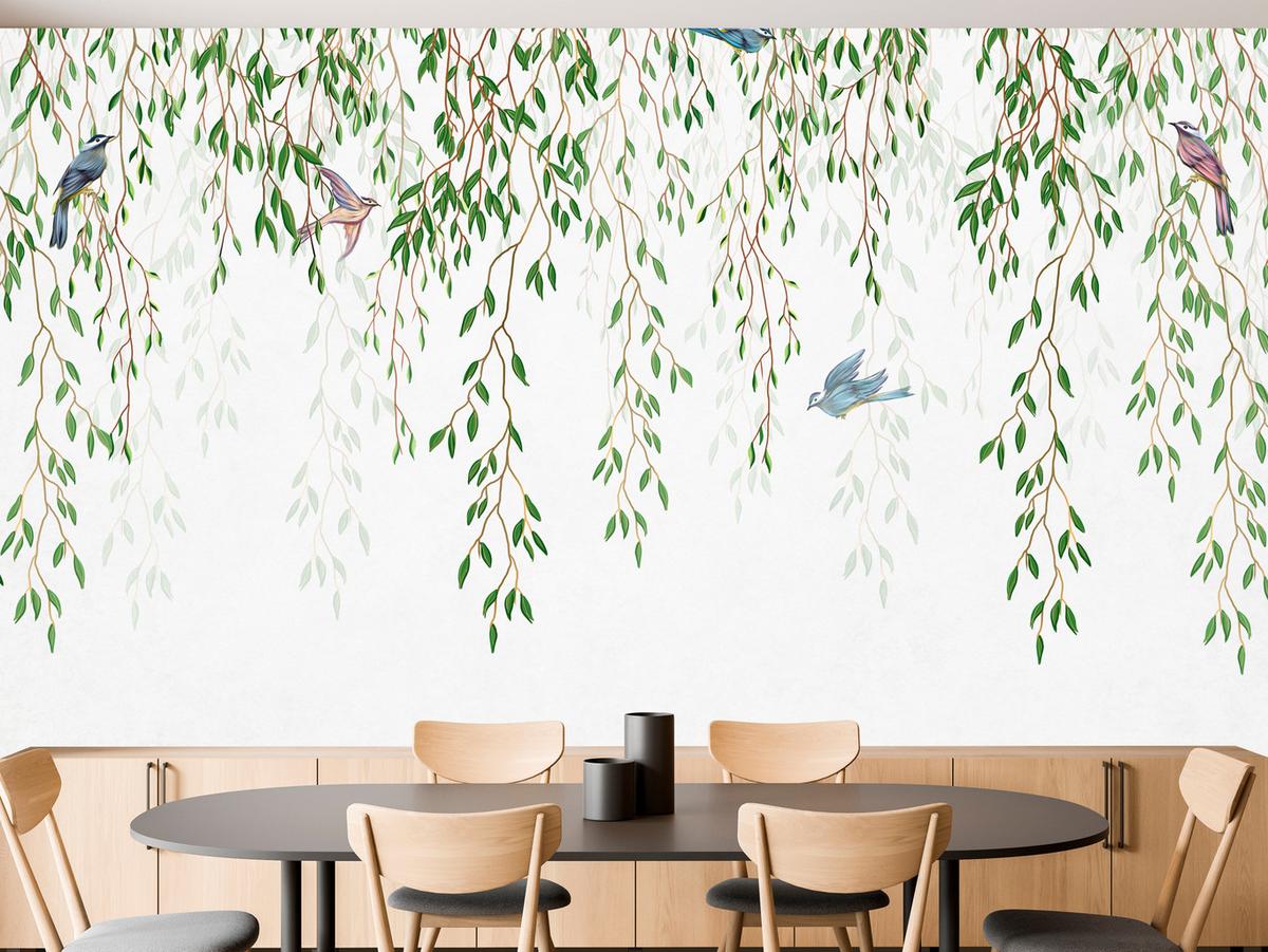 FOTOTAPETE für Schlafzimmer Trauerweide Äste Vögel Frühling Blätter 500x350 - Blau/Beige, Papier (500/350cm) - Muralo