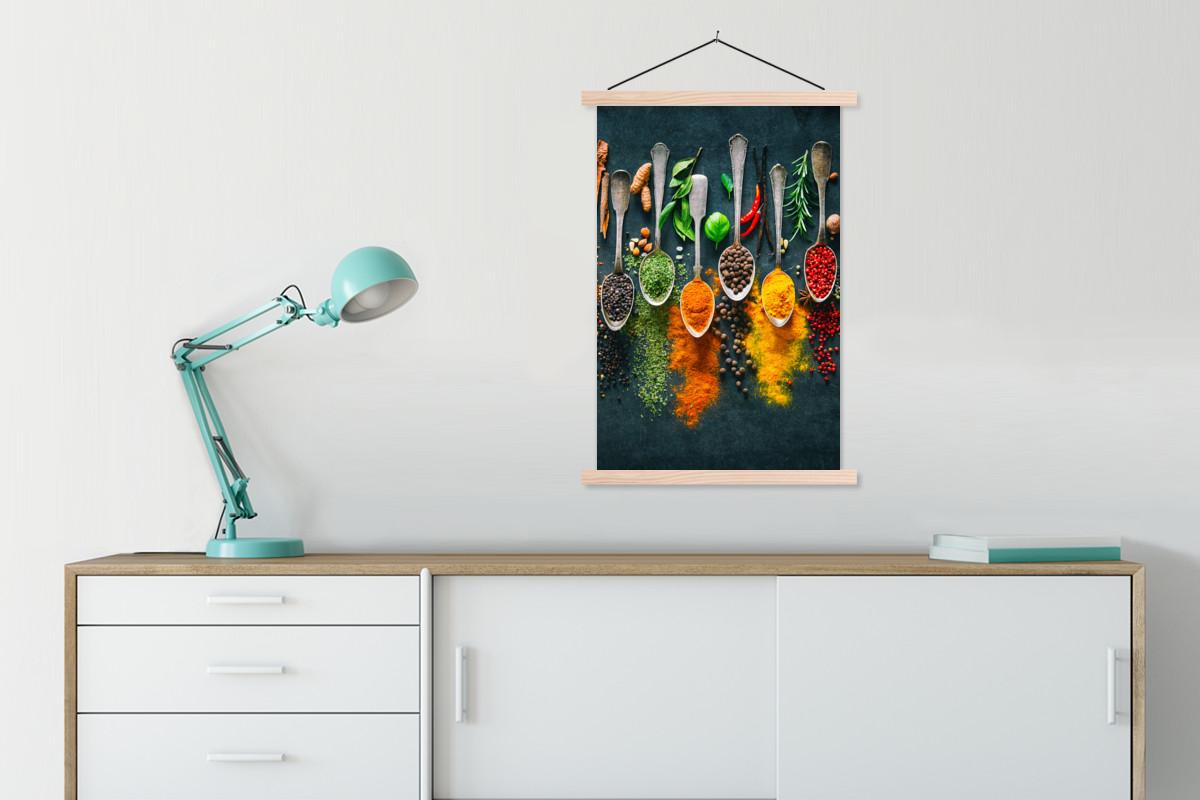 POSTER MIT MAGNETLEISTEN Kräuter - Gewürze - Löffel Wandbild Schlafzimmer 60x90 cm - Currygelb, Textil (60/90/0.15cm) - MuchoWow