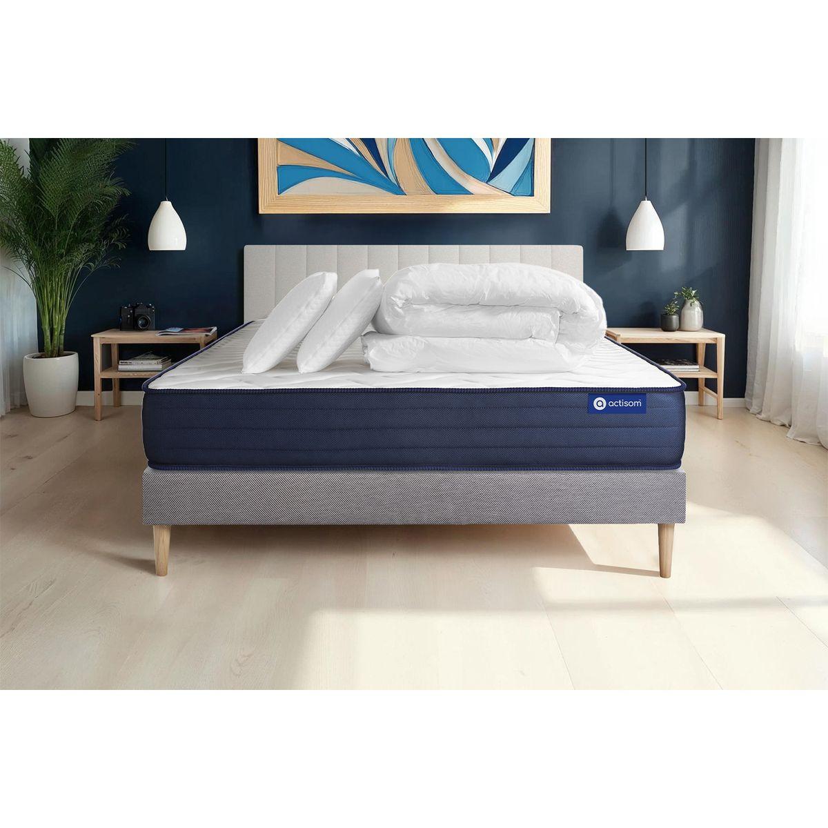 BETT Actiflex life Taschenfederkern und Memory-Schaum 160 x 200 cm h4 - Kit Bettgestell Grau - Mit Kissen und Bettdecke - Beige/Grau, Karton/Holz (160/200cm) - ACTISOM
