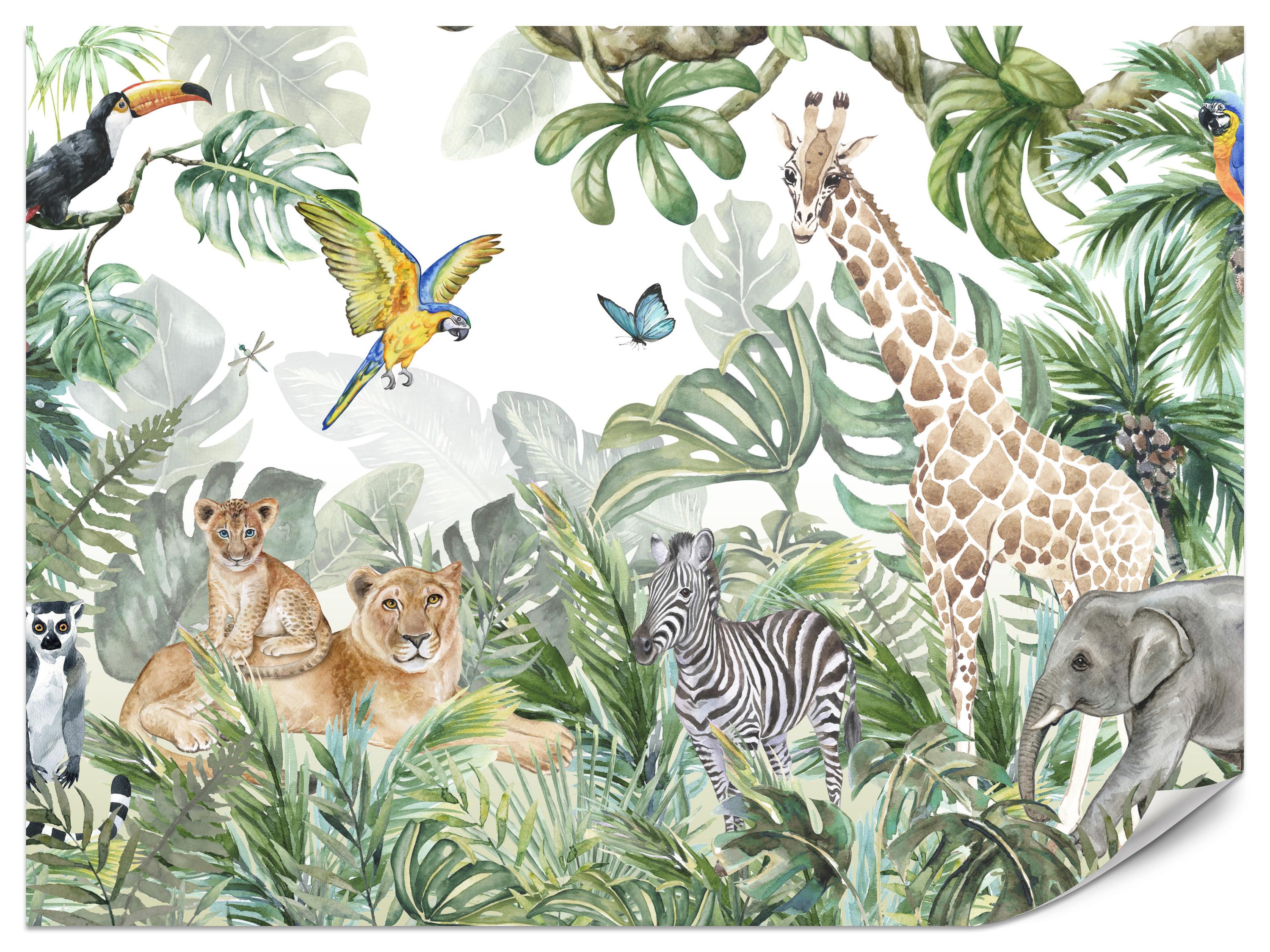 FOTOTAPETE für Kinderzimmer Tropen Dschungel Tiere Palmen Monstera 400x280 - Beige/Orange, Papier (400/280cm) - Muralo