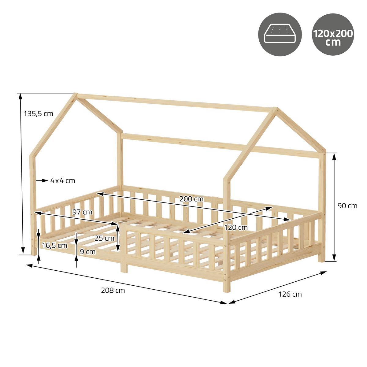 KINDERBETT 120x200 cm mit Rausfallschutz Natur aus Kiefernholz massiv - Naturfarben, Holz (120/200cm) - ML-DESIGN