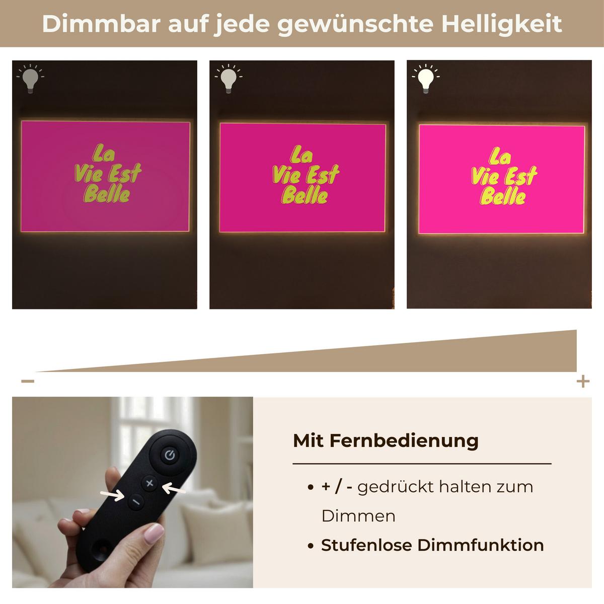 WANDLEUCHTE MIT AKKU Zitat - Retro - Rosa 90x60 cm - Pink, Holzwerkstoff (90/60/8cm) - OnlyWow