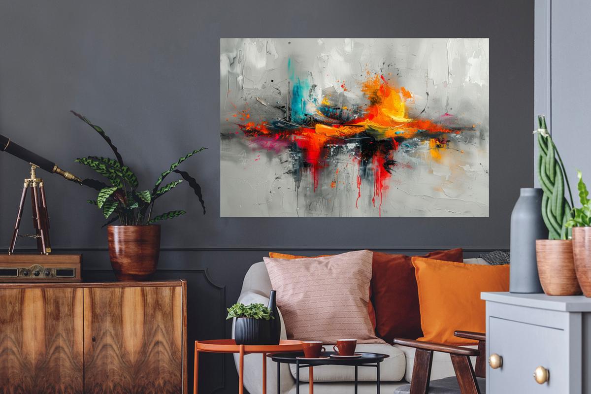 WANDTATTOO Moderne Kunst - Orange - Grau - Abstrakt Wandsticker 120x80 cm - Hellgrau, Kunststoff (120/80/0.1cm) - MuchoWow