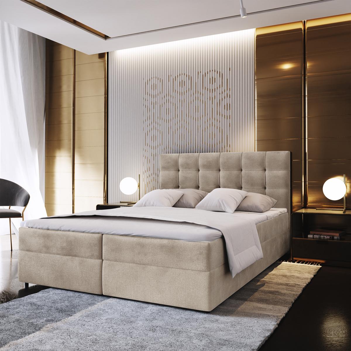 BOXBETT GLOS K 160x200 cm mit Matratze und Topper, H2+H3 - Beige - Beige, Holz (160/200cm) - MASSENO