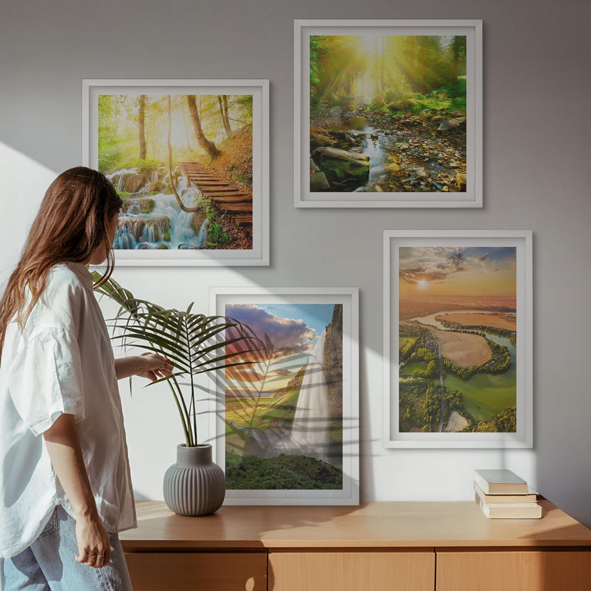 BILDER SET 4er Set - 50x50 cm & 40x60 cm Weißer Rahmen - Orange Mountain Wasserfall - Weiß, Kunststoff (50/50cm) - TULUP