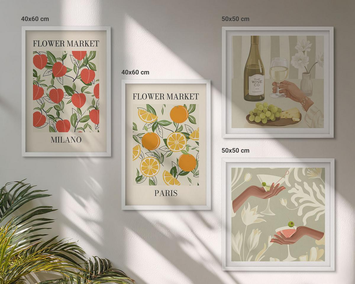 BILDER SET 4er Set - 50x50 cm & 40x60 cm Weißer Rahmen - Blumenwein Mailand Paris - Weiß, Kunststoff (50/50cm) - TULUP