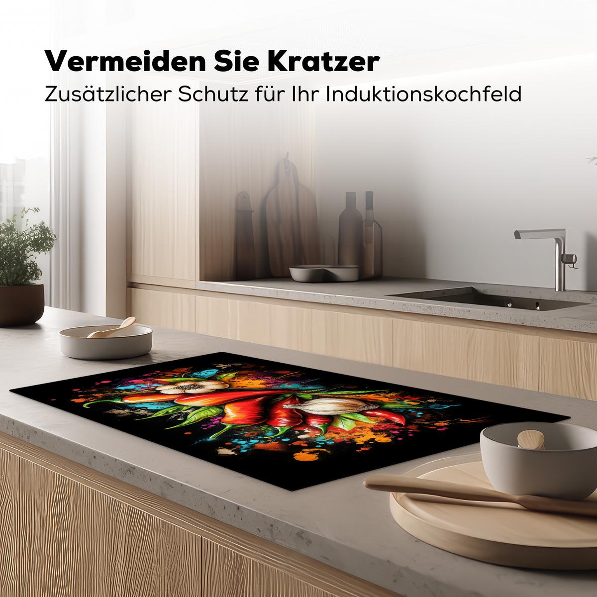 HERDABDECKPLATTE Gemüse - Paprika - Knoblauch - Graffiti - Farbe - Bunt Induktionsschutz 91.6x52.7 cm - Rot, Kunststoff (91.6/52.7/0.2cm) - MuchoWow