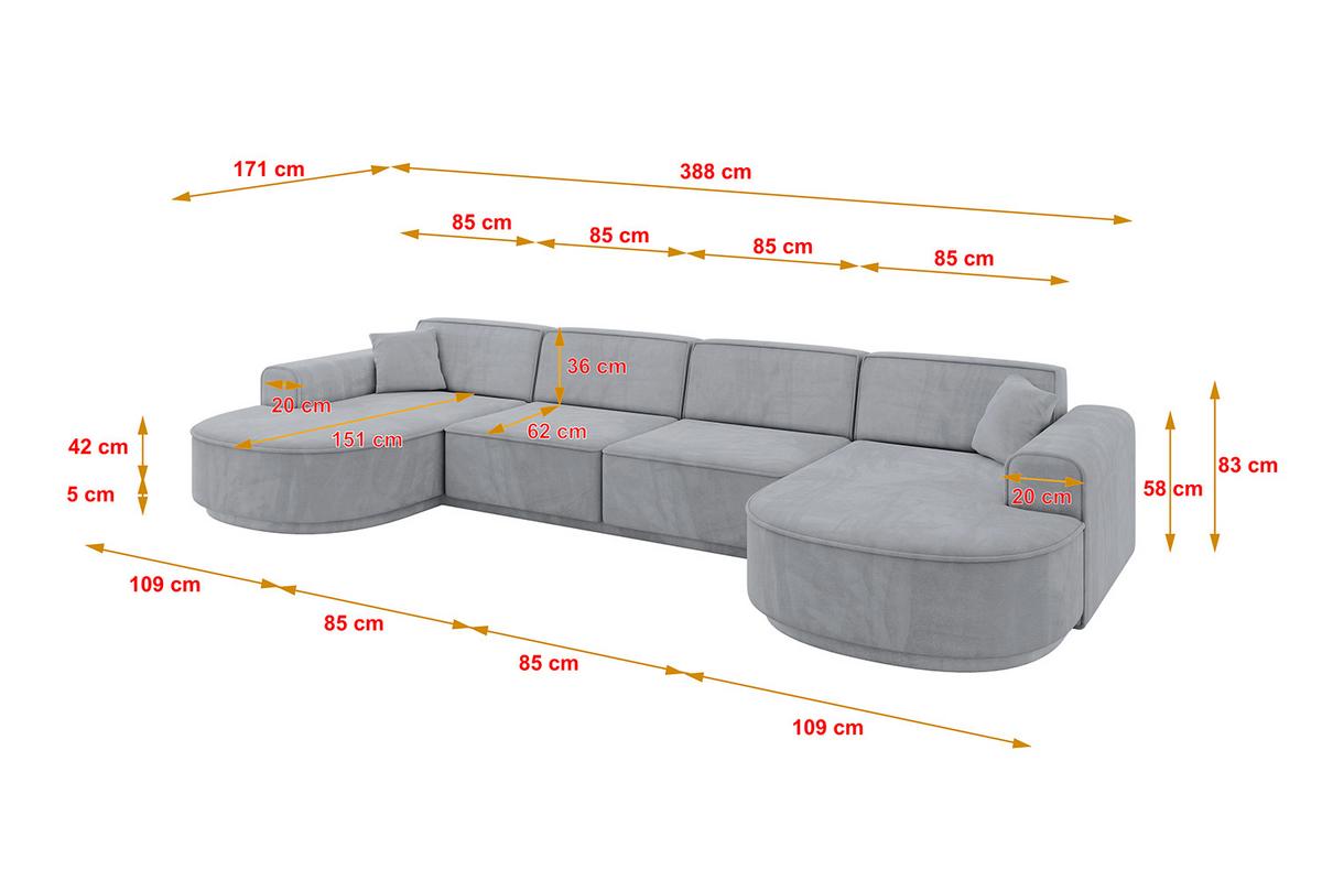 WOHNLANDSCHAFT MARI-U2-v3 - 388x171x83 cm Grau Velours - Schwarz/Grau, Holzwerkstoff/Kunststoff (388/83/171cm) - ALTDECOR