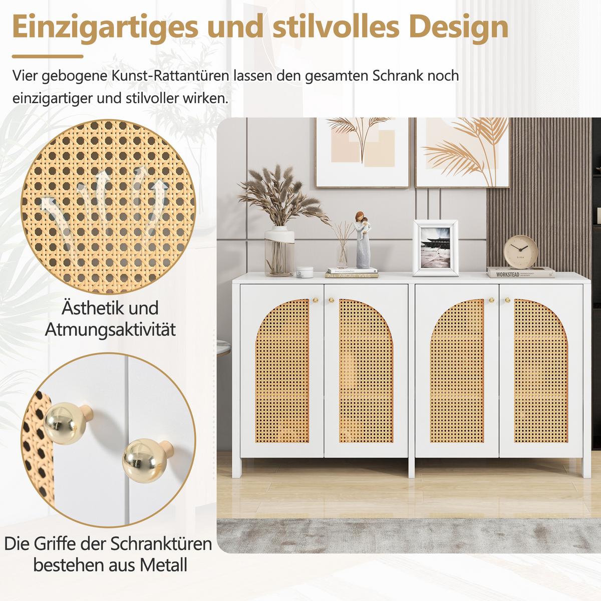 SIDEBOARD mit Kunst-Rattan-Türen Verstellbaren Regalen - Weiß, Holzwerkstoff (145/40/80cm) - Urban Meuble