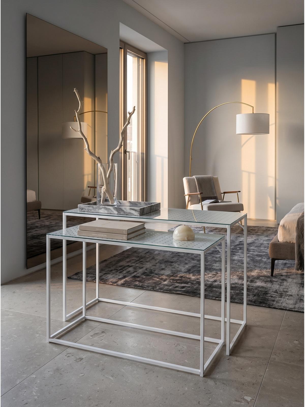 KONSOLENTISCHE 2er-Set ALCUDIA, Einscheibensicherheitsglas, Weiß, 100 x 40 x 77 cm - Weiß, Glas/Metall (40/100/77cm) - KADIMA DESIGN