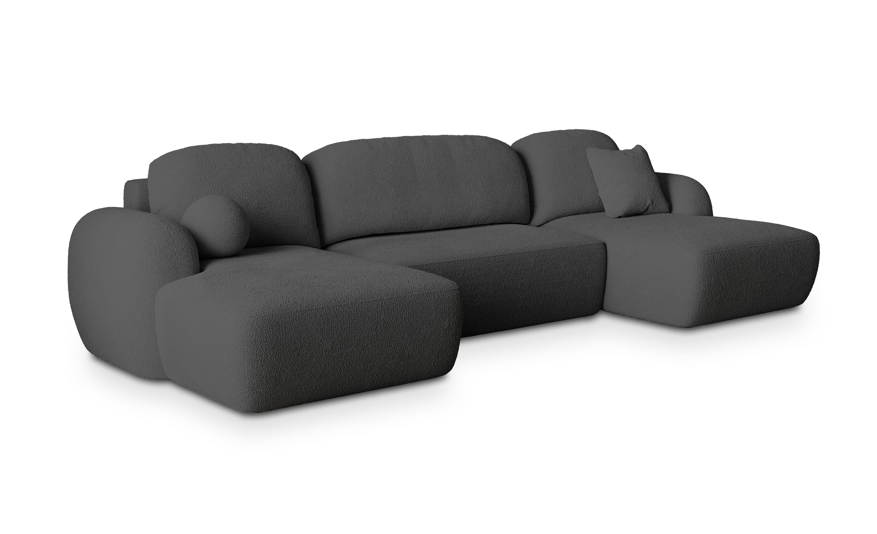 WOHNLANDSCHAFT SAVONA N Grau Boucle-Stoff mit Schlaffunktion - Schwarz/Grau, Holz/Kunststoff (320/90/148cm) - MASSENO