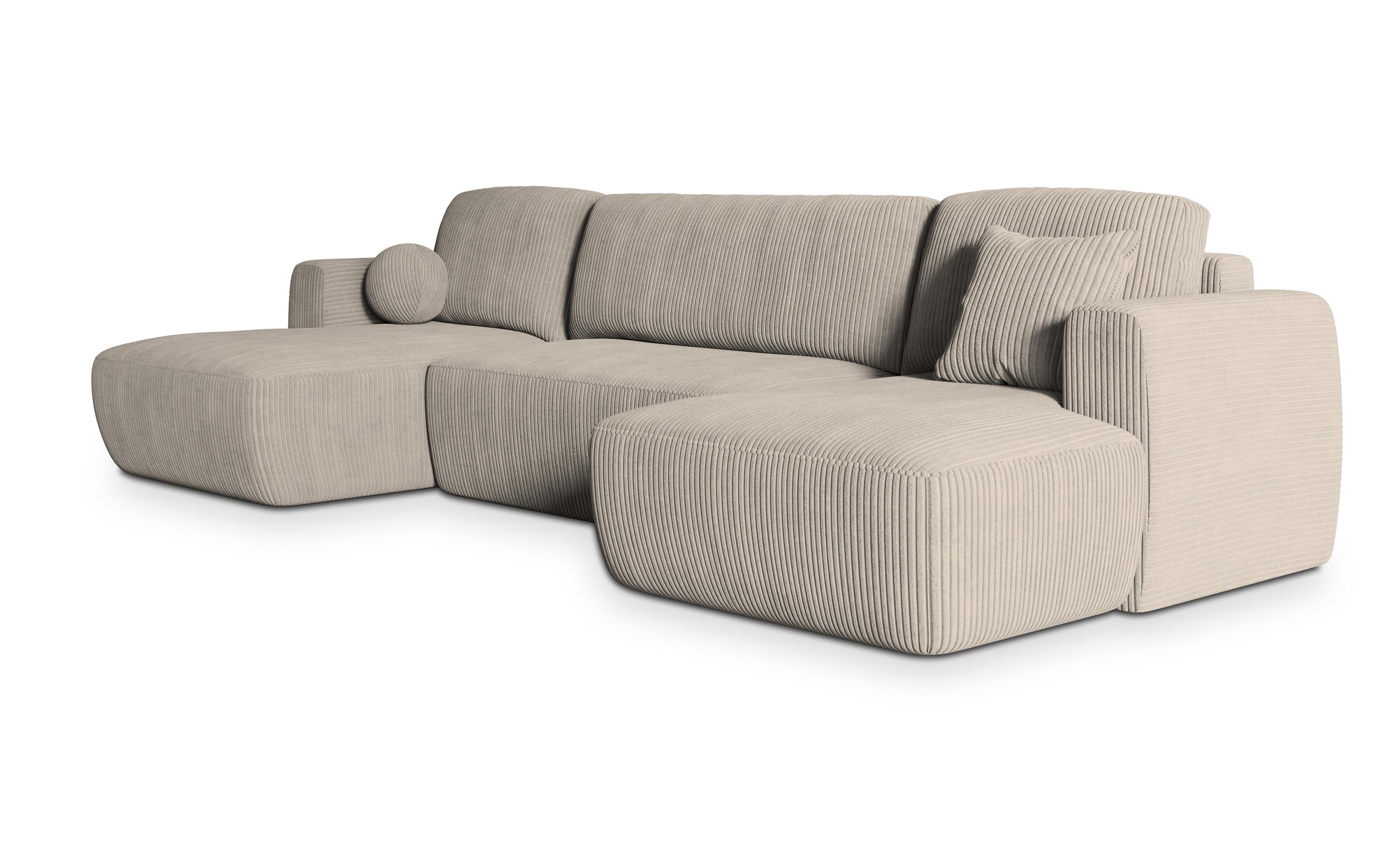 WOHNLANDSCHAFT SENTUM P Creme Kordstoff mit Schlaffunktion - Creme/Schwarz, Holz/Kunststoff (330/90/148cm) - MASSENO
