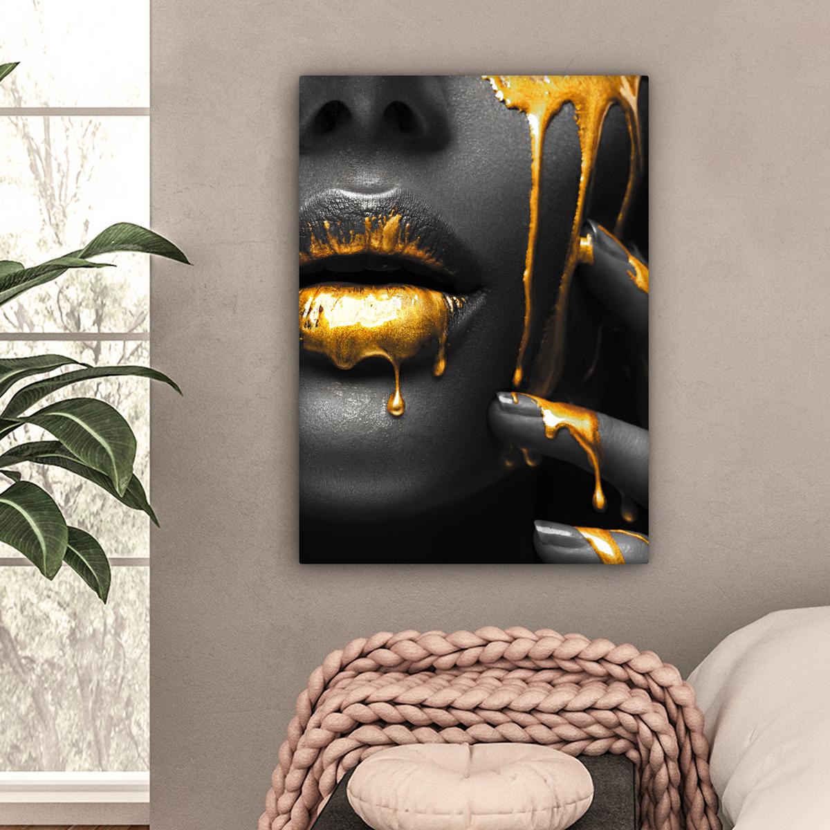 LEINWANDBILD Frau - Schwarz - Gold - Gesicht - Lippen Wandbild Wohnzimmer 60x80 cm - Goldfarben, Textil (60/80cm) - MuchoWow