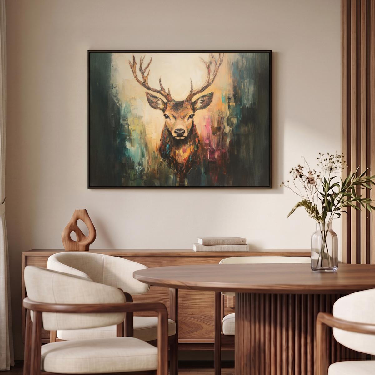 LEINWAND Bilder mit Rahmen - Hirsch - Gemalt - Geweih - Braun - 100x70 - Haselnussfarben, Textil (100/70cm) - MuchoWow