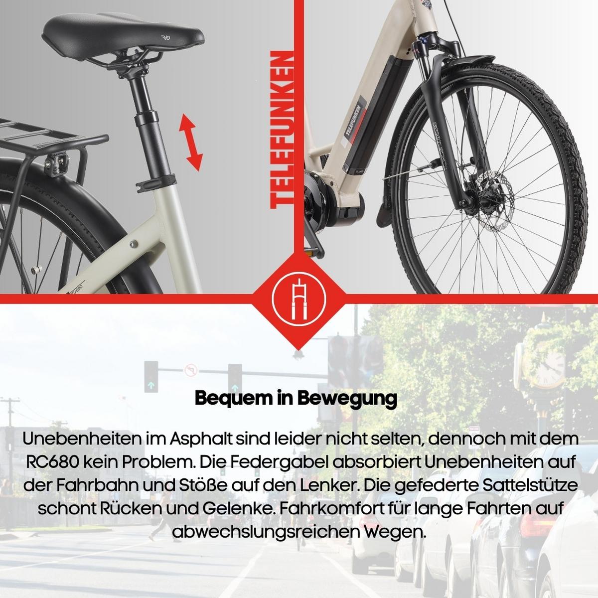 E-BIKE Cityrad RC680 Elektrofahrrad 28 Zoll Mittelmotor 10-Gang Kettenschaltung 705,6 Wh Pedelec - Grau, Metall (115cm) - Telefunken