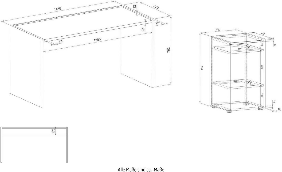 SCHREIBTISCHKOMBINATION 2-teilig weiß matt, Eiche Wotan 143 cm, Büromöbel Set mit Bürocontainer - Eiche Wotan/Silberfarben, Holzwerkstoff/Kunststoff (62/143/76cm) - Furn.Design
