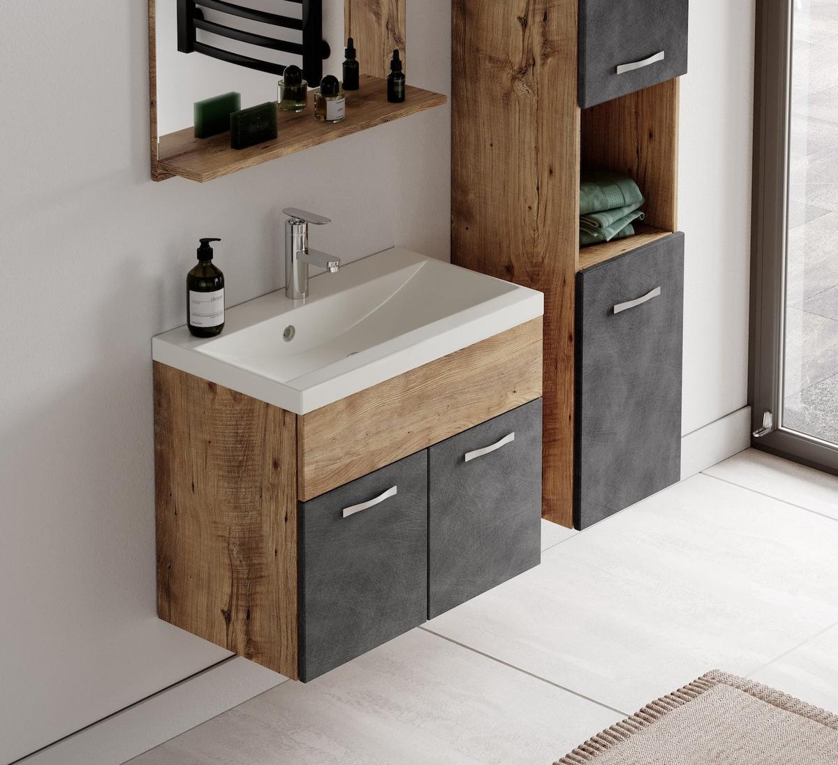 BADMÖBEL-SET Montreal 02 3 Teile Kastanien Eiche / Grau - 60 x 35 x 51 cm - Chromfarben/Dunkelgrau, Holz/Metall (60/51/35cm) - Badplaats
