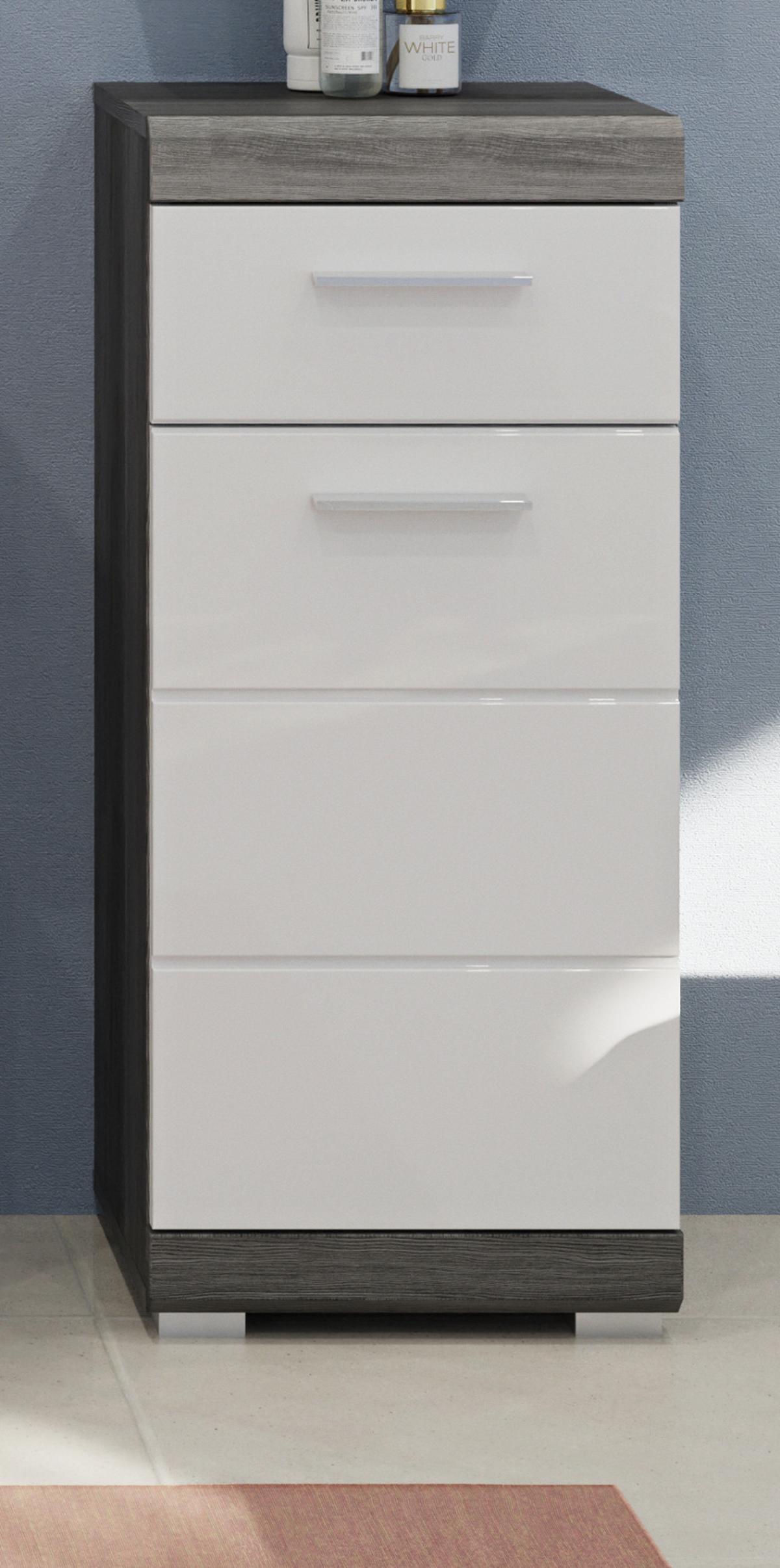 KOMMODE weiß Hochglanz, grau 88 cm, Badkommode mit Vollauszug - Chromfarben/Weiß Hochglanz, Holzwerkstoff/Kunststoff (37/88/31cm) - Inn.Furn