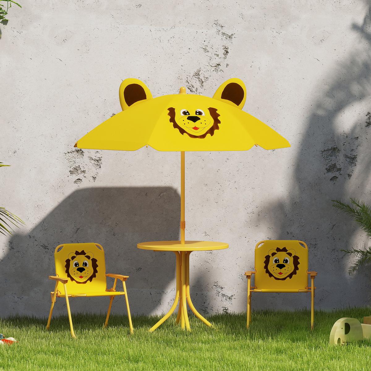 4 tlg. Kindersitzgruppe Garten Kindersitzgarnitur mit Sonnenschirm Klappstühle - Gelb, Metall - AIYAPLAY