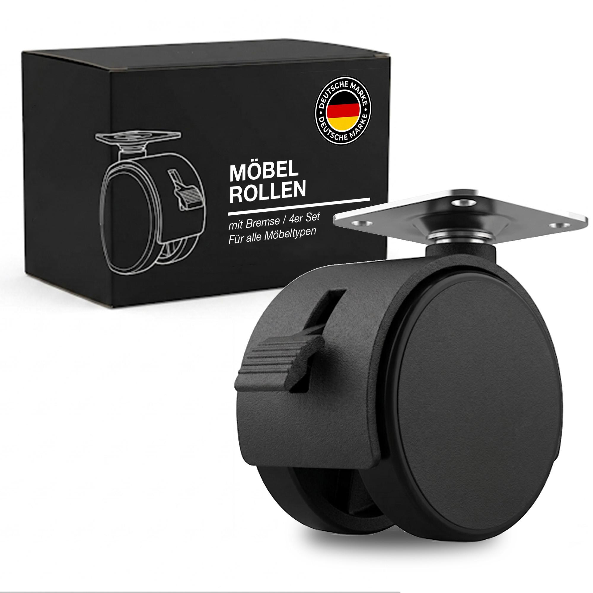 MÖBELROLLEN 40 mm 4er Set mit Bremse - Schwarz, Kunststoff (4/6/8cm) - K-Möbel