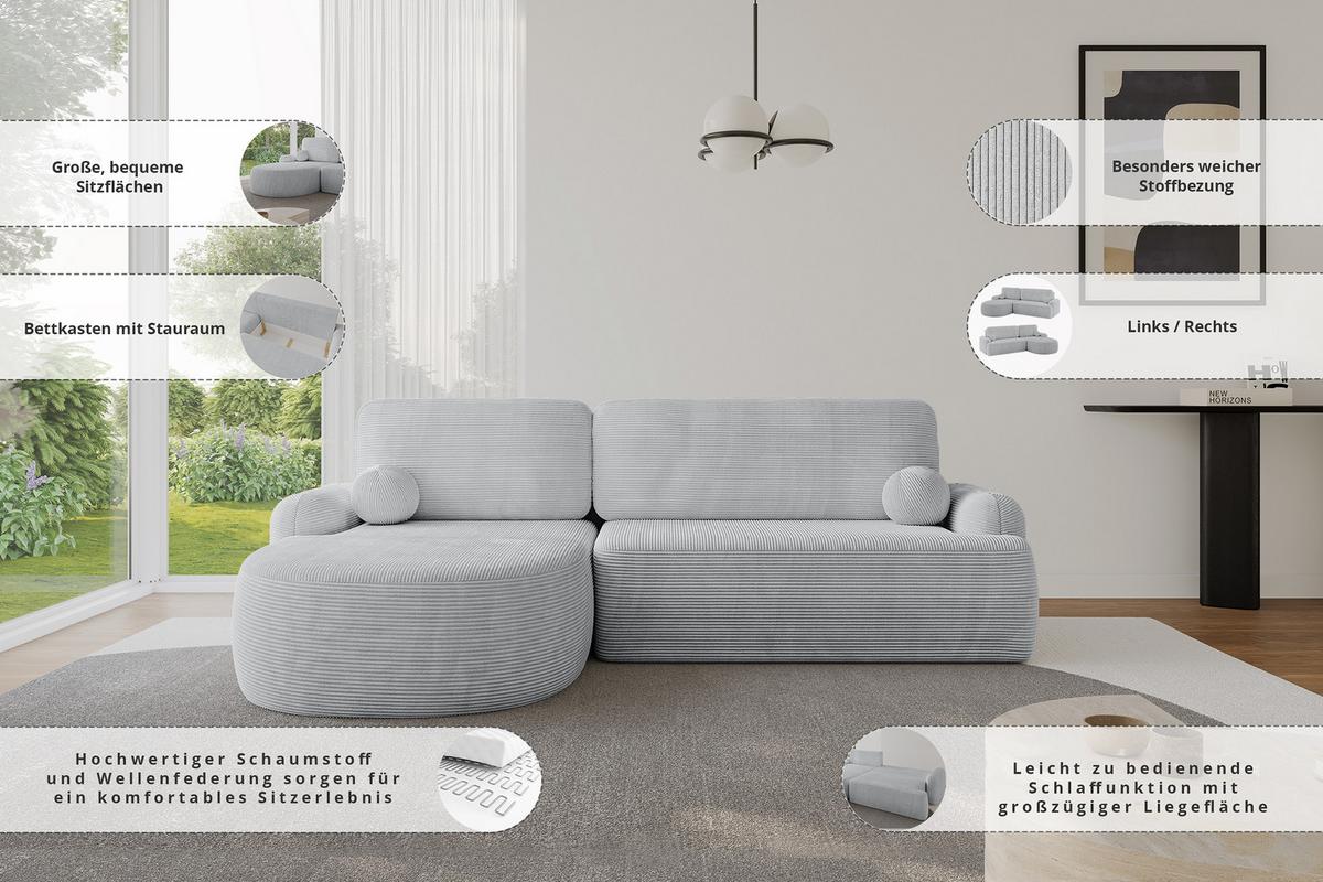 ECKSOFA mit Schlaffunktion und Bettkasten LIRA-L - 264x172x89 Hellgrau - Creme, Holzwerkstoff/Textil (264/172cm) - ALTDECOR
