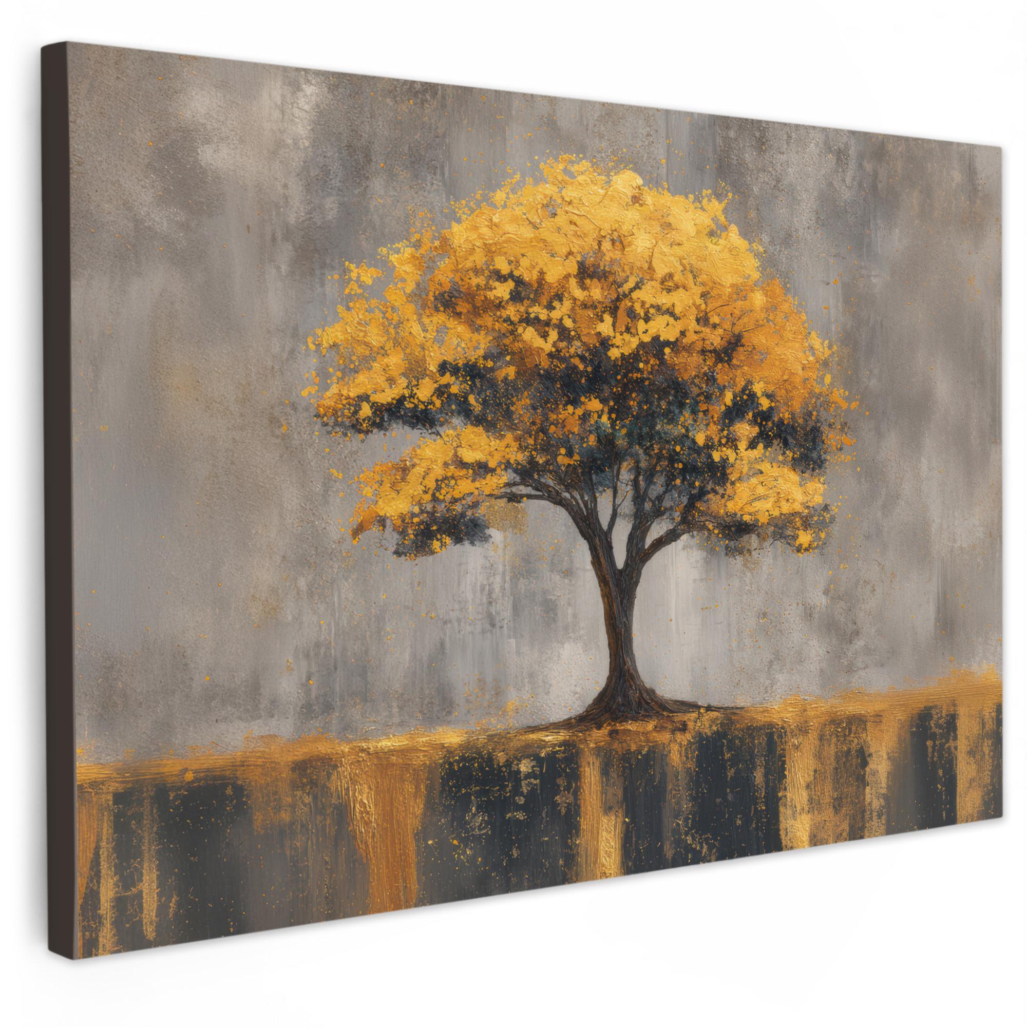 LEINWANDBILD Baum - Blätter - Gold - Abstrakt Gemälde 60x40 cm - Grau, Textil (60/40cm) - MuchoWow