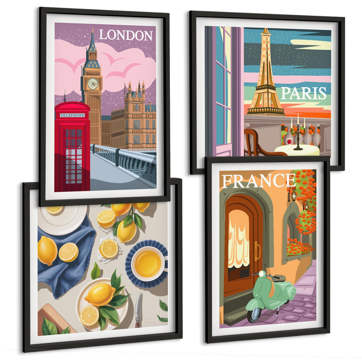 BILDER SET 4er Set - 50x50 cm & 40x60 cm Schwarzer Rahmen - Stadtansichten Paris London Frankreich - Schwarz, Kunststoff (50/50cm) - TULUP