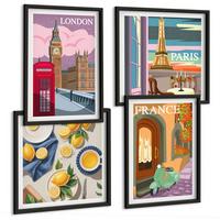 BILDER SET 4er Set - 50x50 cm & 40x60 cm Schwarzer Rahmen - Stadtansichten Paris London Frankreich - Schwarz, Kunststoff (50/50cm) - TULUP