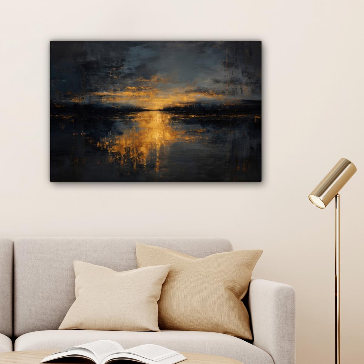 LEINWANDBILD Goldene Reflexion auf dem Wasser Gemälde 60x40 cm - Anthrazit, Textil (60/40cm) - MuchoWow