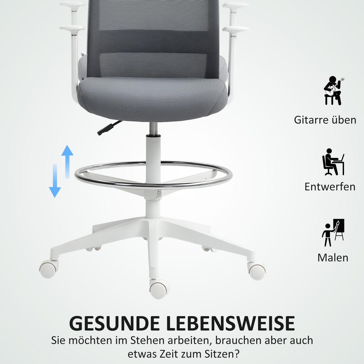 BÜROSTUHL Ergonomischer Schreibtischstuhl mit Armlehne, Fußring, Grau - Grau, Textil (57.5/121/61.5cm) - HOMCOM