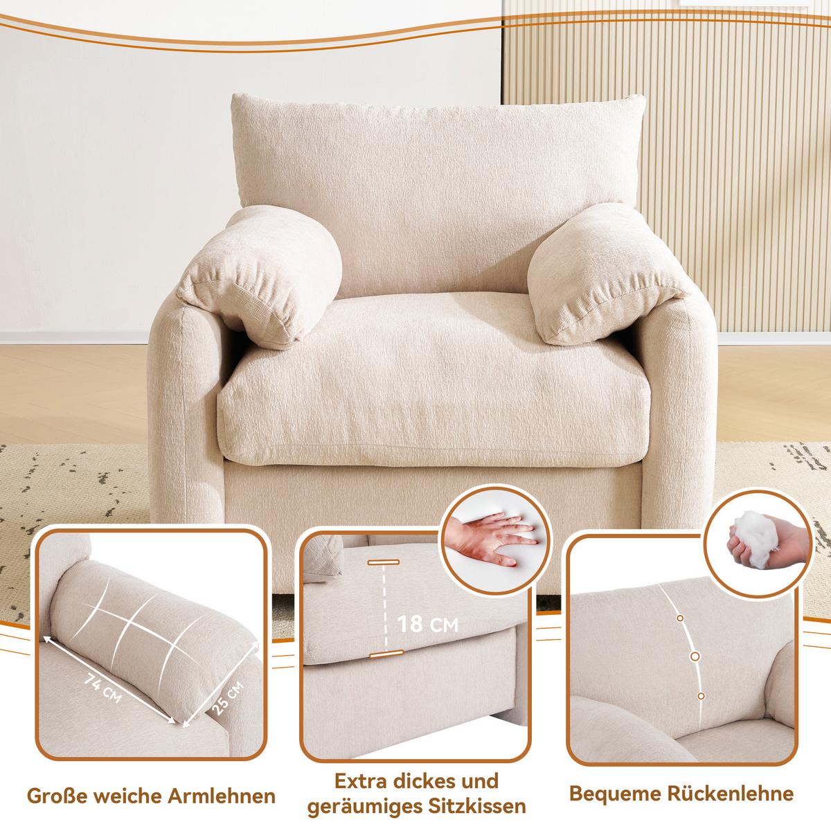 SESSEL Chenille Beige 96 cm Lounge Sessel mit Armlehnen und breiter Sitzfläche für Wohnzimmer - Beige, Textil (96/84/82cm) - Urban Meuble