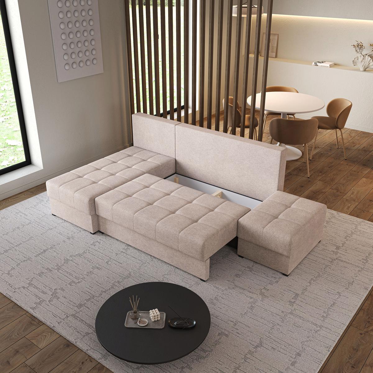 ECKSOFA NORVI Beige Geflochtener Stoff mit Schlaffunktion - Beige, Holz (251/143cm) - MASSENO