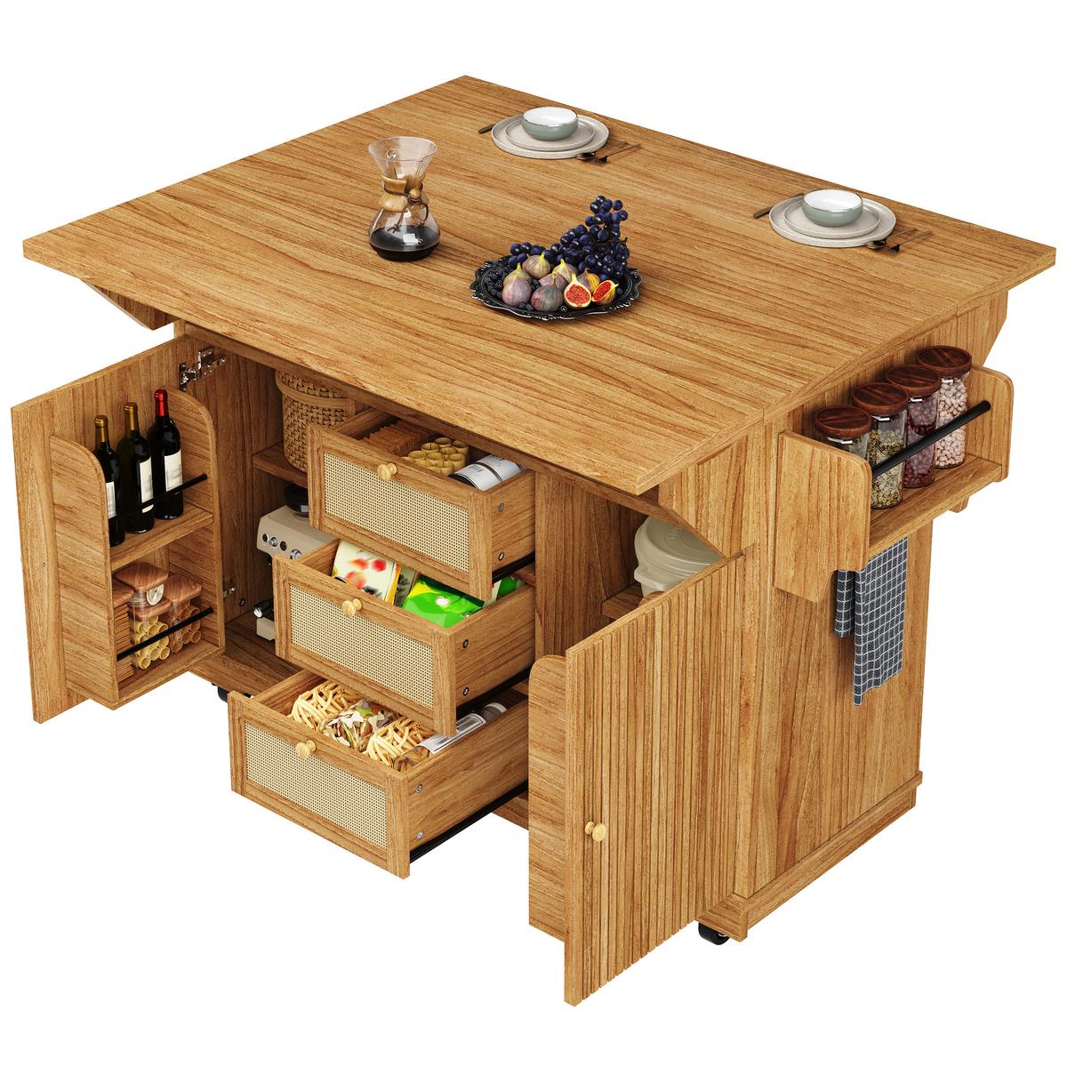 KÜCHENINSEL Dunkelbraun Ausklappbar Mit PE-Rattanschubladen & Rollen - Dunkelbraun, Holzwerkstoff (142.5/95/80cm) - Urban Meuble