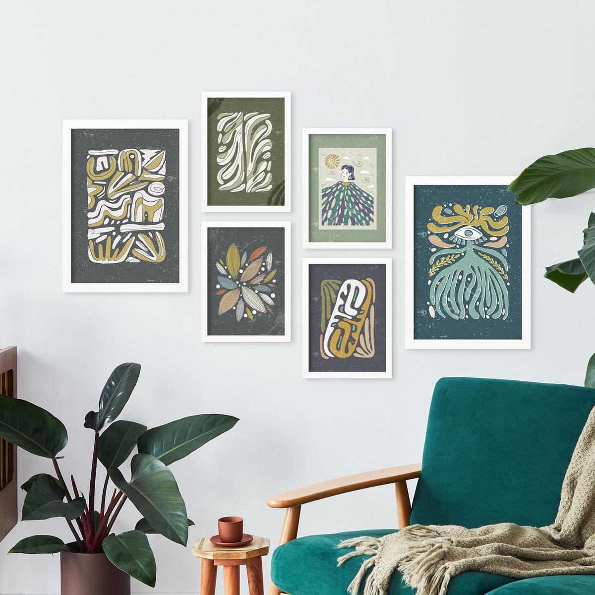 POSTER Set Mit 6 Drucken Mit Kalten Tönen In Der Sammlung Ethnischer Style Drucke Dekorative Rahmen Für Zuhause Wandkunstdruck A3 & A4 Weißer Rahmen - Weiß, Papier (29/3cm) - Nacnic