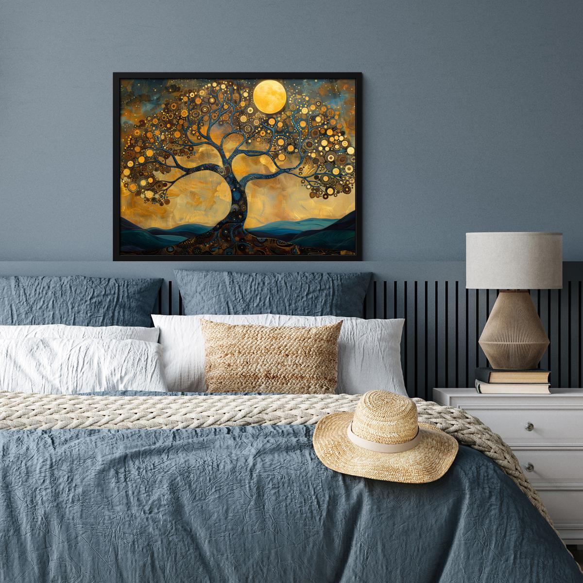 POSTER MIT RAHMENGERAHMTES BILD Baum - Mond - Blumen - Gold - Kunst 80x60 cm - Orange, Papier (80/60cm) - MuchoWow
