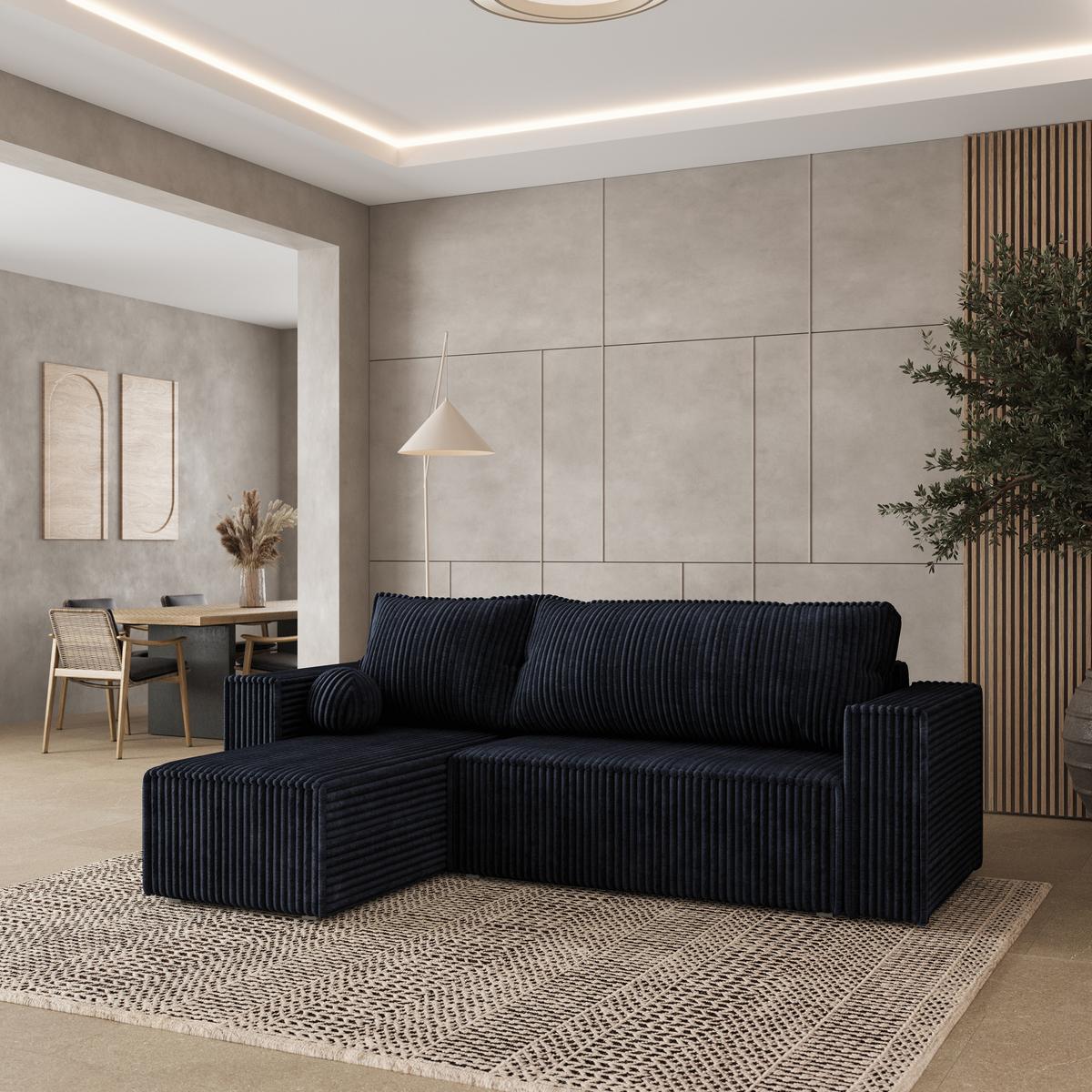 ECKSOFA RAVELO T Schwarz Kordstoff mit Schlaffunktion - Schwarz/Grau, Holz/Kunststoff (240/140cm) - MASSENO