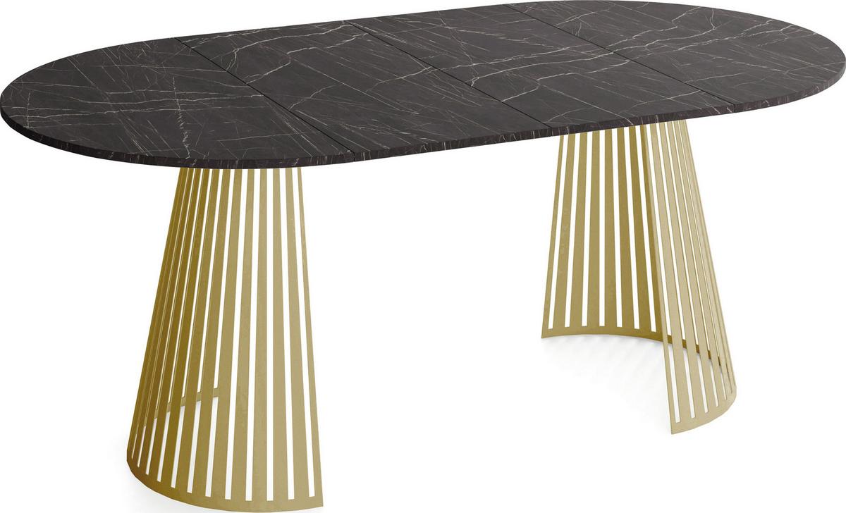 ESSTISCH Naro rund ausziehbar mit Goldenem Lamellen-Metallgestell, Marmor Schwarz 100-180/100/76 cm - Anthrazit/Goldfarben, Holzwerkstoff/Metall (100/176/76cm) - WFL GROUP