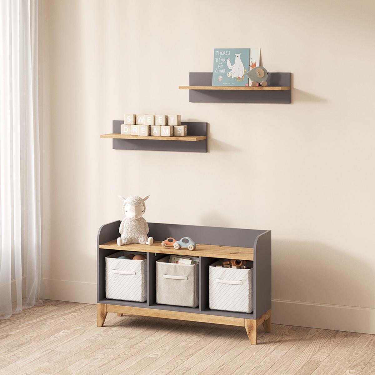 KINDERSITZBANK Mailo Grau/Artisan 107.2 x 63.8 cm XL mit 3 Schubladen - Eiche Artisan/Grau, Holzwerkstoff (107.2/63.8/30.6cm) - Livinity®