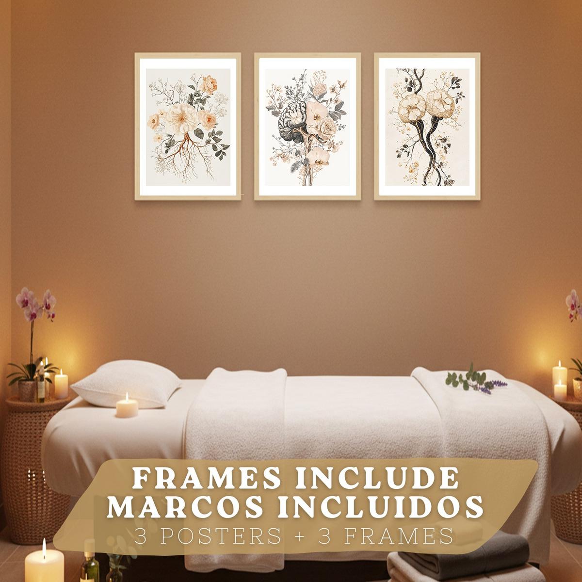 POSTER Set aus 3 Neuronale Anatomie Drucke und Wandbilder mit Neuronen Synapsen und Gehirn Minimalistischer Floraler Stil Größe Leichter Holzrahmen A4 - Beige, Papier (21/29.7/3cm) - Nacnic