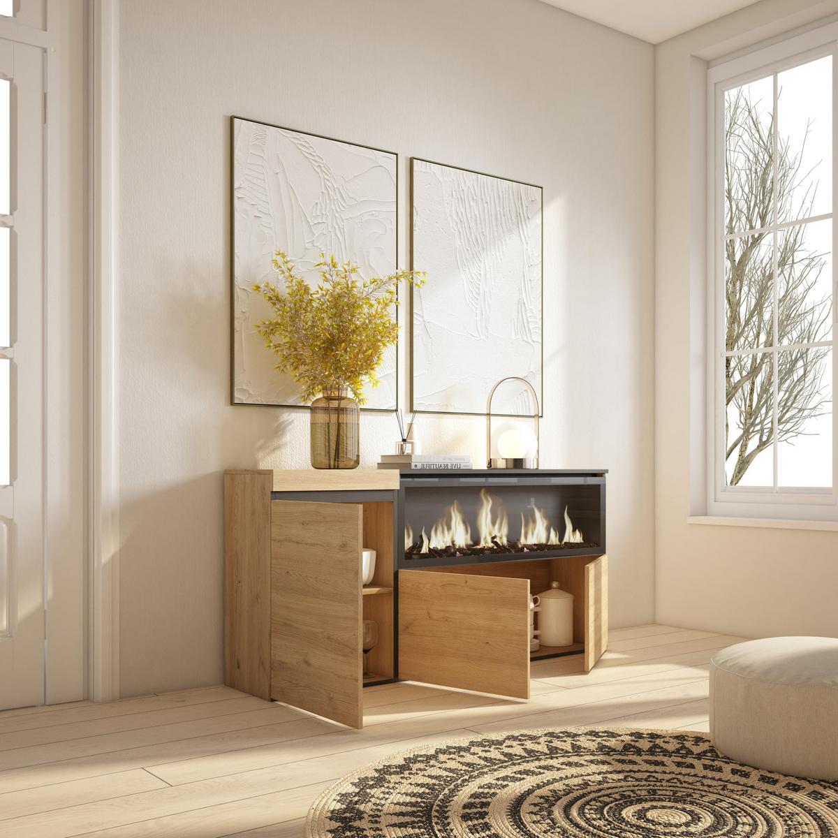 SIDEBOARD, Elektrokamin XXL, eiche, 158/35/75cm - Eichefarben/Schwarz, Holzwerkstoff (158/75/35cm) - Skraut Home