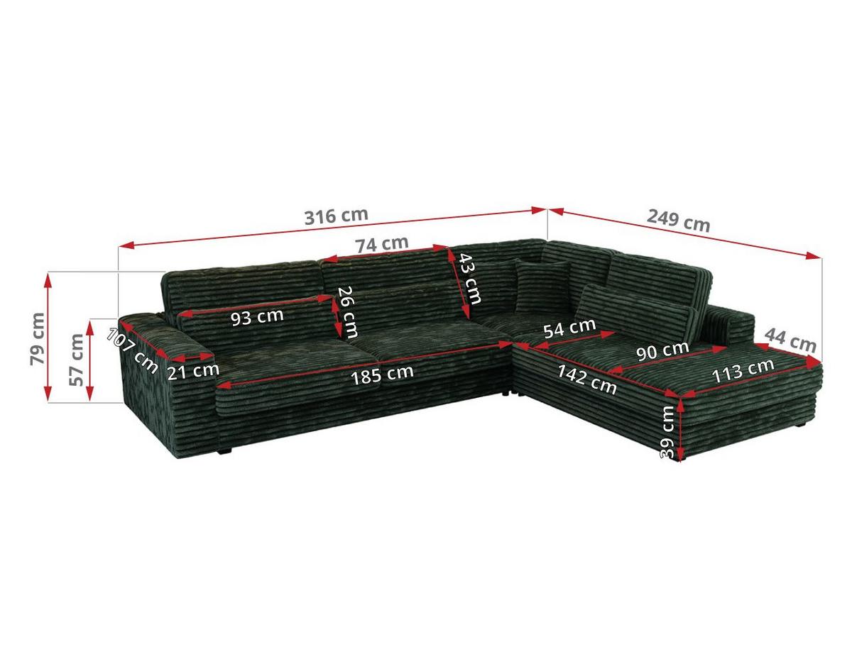 ECKSOFA Savona Grün breiter Cord - links - Schwarz/Grün, Kunststoff/Textil (316/249cm) - MKS