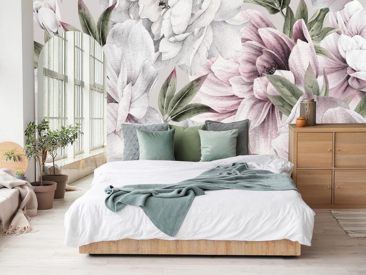 FOTOTAPETE für Schlafzimmer Pastell Pfingstrosen Boho Pflanzen 450x315 - Violett/Rosa, Papier (450/315cm) - Muralo